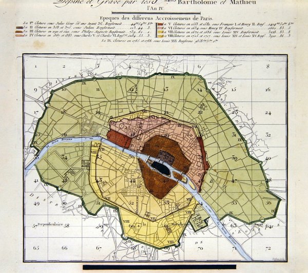 Részlet a Atlas du Plan General de la Ville de Paris-ból, amely a város különböző kiegészítéseit mutatja a történelem során. alkotó: Edme Verniquet