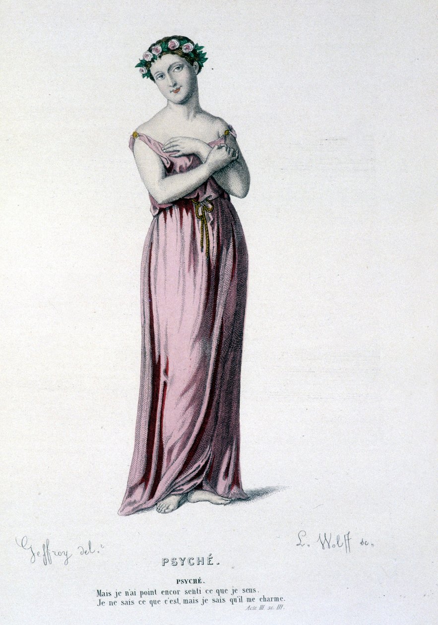 Psyche karaktere a Psyche, Moliere et Corneille - Teljes Színház című tragikomédia-balettben: (Corneille-darabok gyűjteménye) Geffroy rajza, L. Wolff metszete - szerk. Laplace, Sanchez et Cie, Párizs 1884 alkotó: Edmond Aime Florentin Geffroy