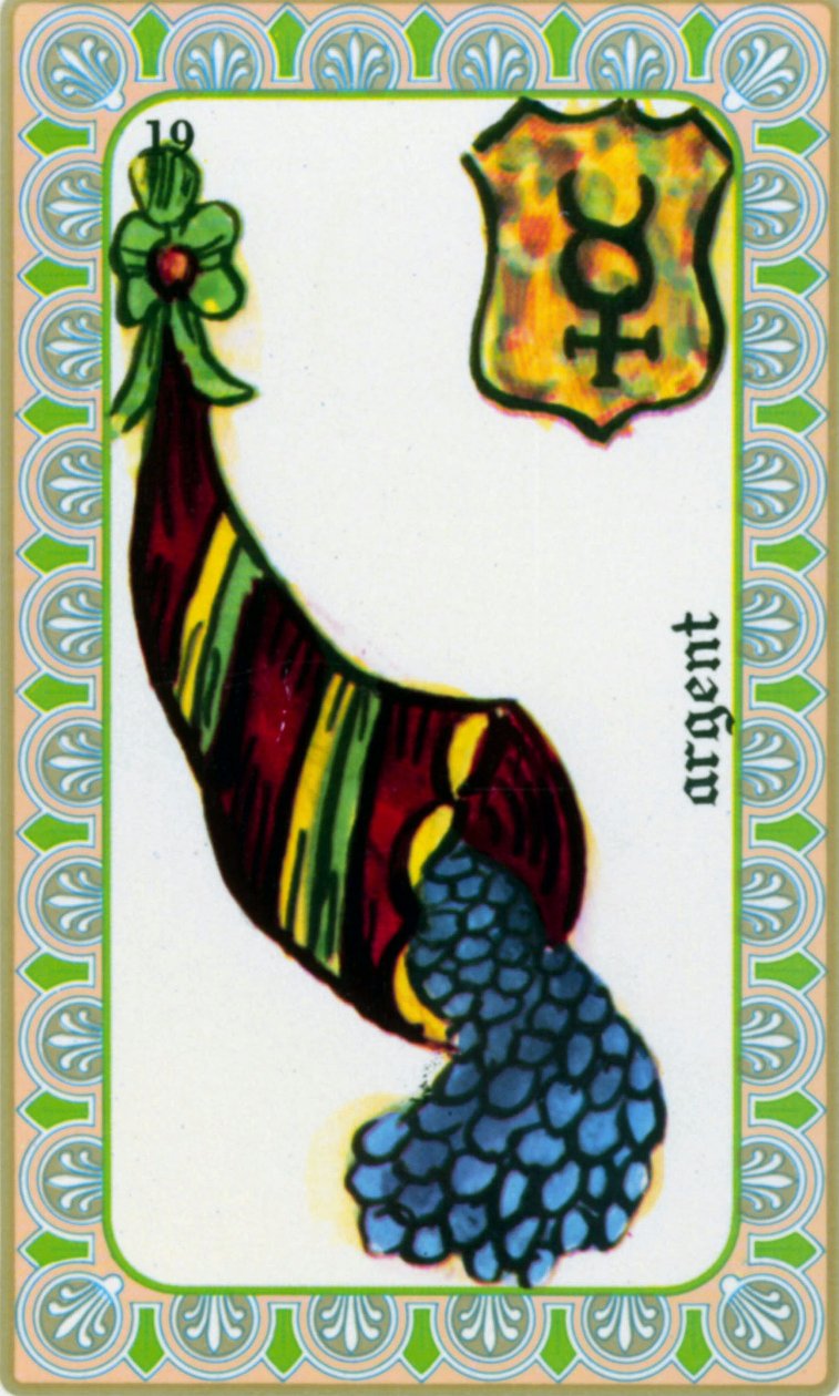 Tarot magától Belline rajzolta Edmond Billaudot c. 1845, és a tisztánlátó Belline-nek adták újra kiadásra: pénzkártya: érmék a bőségszarvban alkotó: Edmond Billaudot