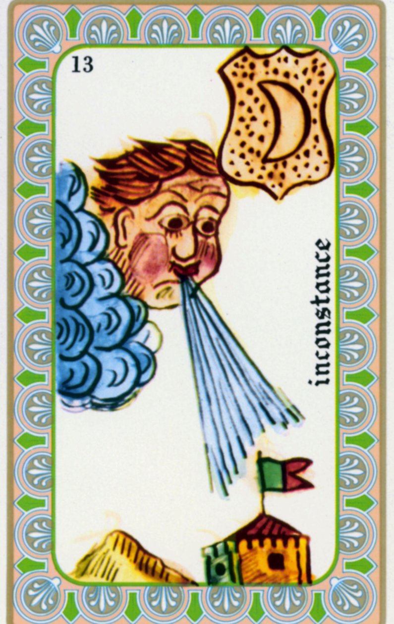 Tarot magától Belline rajzolta Edmond Billaudot c. 1845, és Belline tisztánlátónak adták újra kiadásra: a változékonyság kártyája: fúj a szél alkotó: Edmond Billaudot