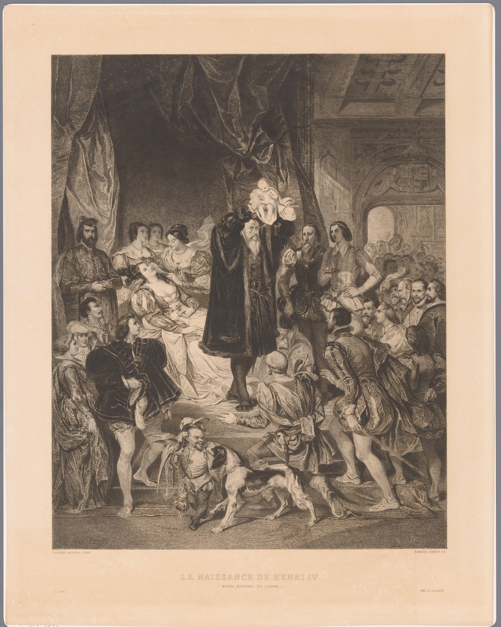 Antoine de Bourbon király bemutatja újszülött fiát, IV. Henriket La Naissance de Henri IV (cím a tárgyon) alkotó: Edmond Joseph Ramus