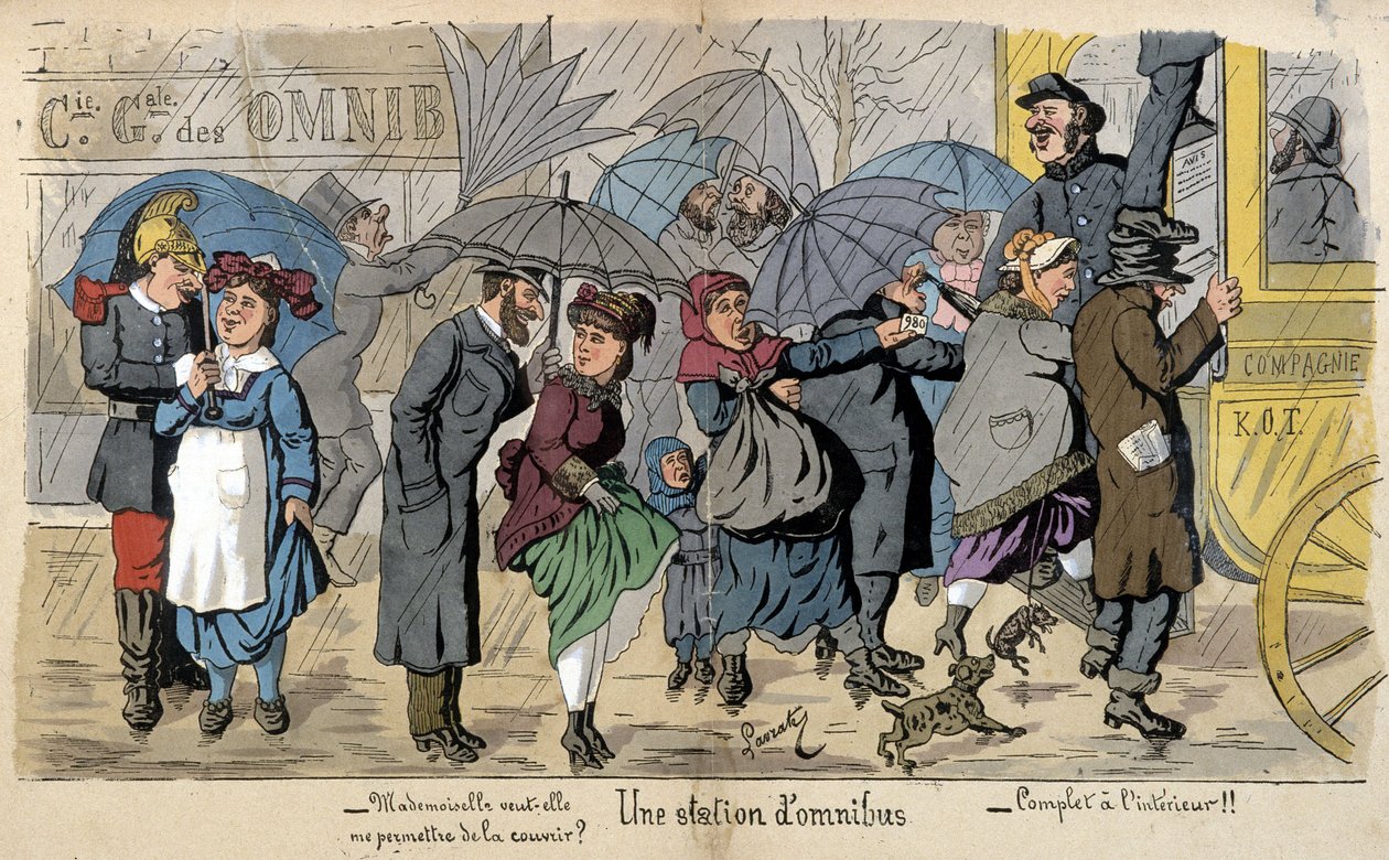 Omnibusz állomás az esőben – Lavrate humoros rajza, 1880 körül alkotó: Edmond Lavrate