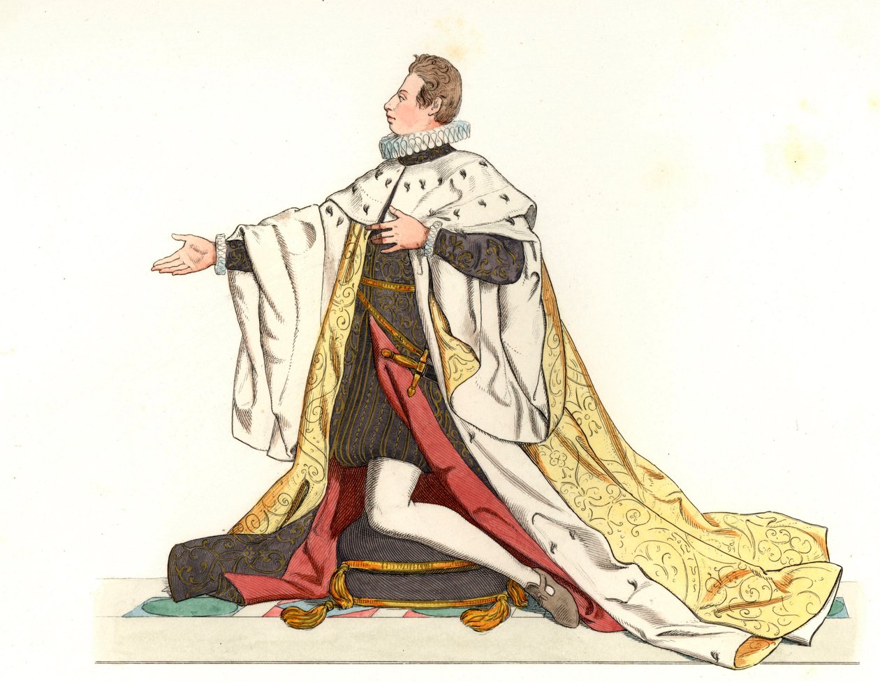 Cosme II de Medicis (1590-1621), Toszkána nagyhercege (Olaszország) – Litográfia Edmond Lechevallier-Chevignard (1825-1902) illusztrációja alapján, a „Historical Costumes of the XVI. alkotó: Edmond Lechevallier Chevignard
