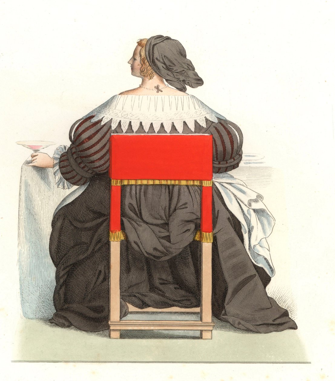 Francia nő, 17. század, Abraham Bosse (1602-1676) metszetéből - Litográfia Edmond Lechevallier-Chevignard (1825-1902) illusztrációjából, a „Costumes historiques des 16th” c. alkotó: Edmond Lechevallier Chevignard