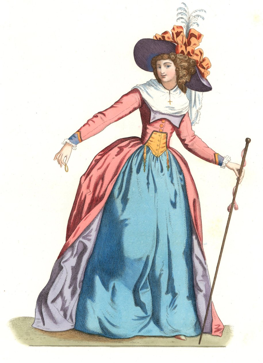 Francia nő a 18. századi divatban – Litográfia Edmond Lechevallier-Chevignard (1825-1902) illusztrációja alapján, a „Costumes historiques des 16th” c. alkotó: Edmond Lechevallier Chevignard