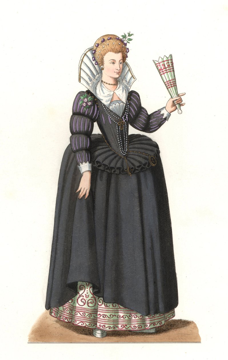Francia nő III. Henrik király uralkodása alatt (1551-1589) – Litográfia Edmond Lechevallier-Chevignard (1825-1902) illusztrációja alapján, a „Costumes historiques des 16th” c. alkotó: Edmond Lechevallier Chevignard