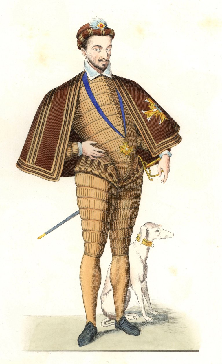 III. Henrik francia király (1551-1589), a Szentlélek-rend nyakláncát viselő – Litográfia Edmond Lechevallier-Chevignard (1825-1902) illusztrációja után, a „Costumes historiques des 16th” c. alkotó: Edmond Lechevallier Chevignard