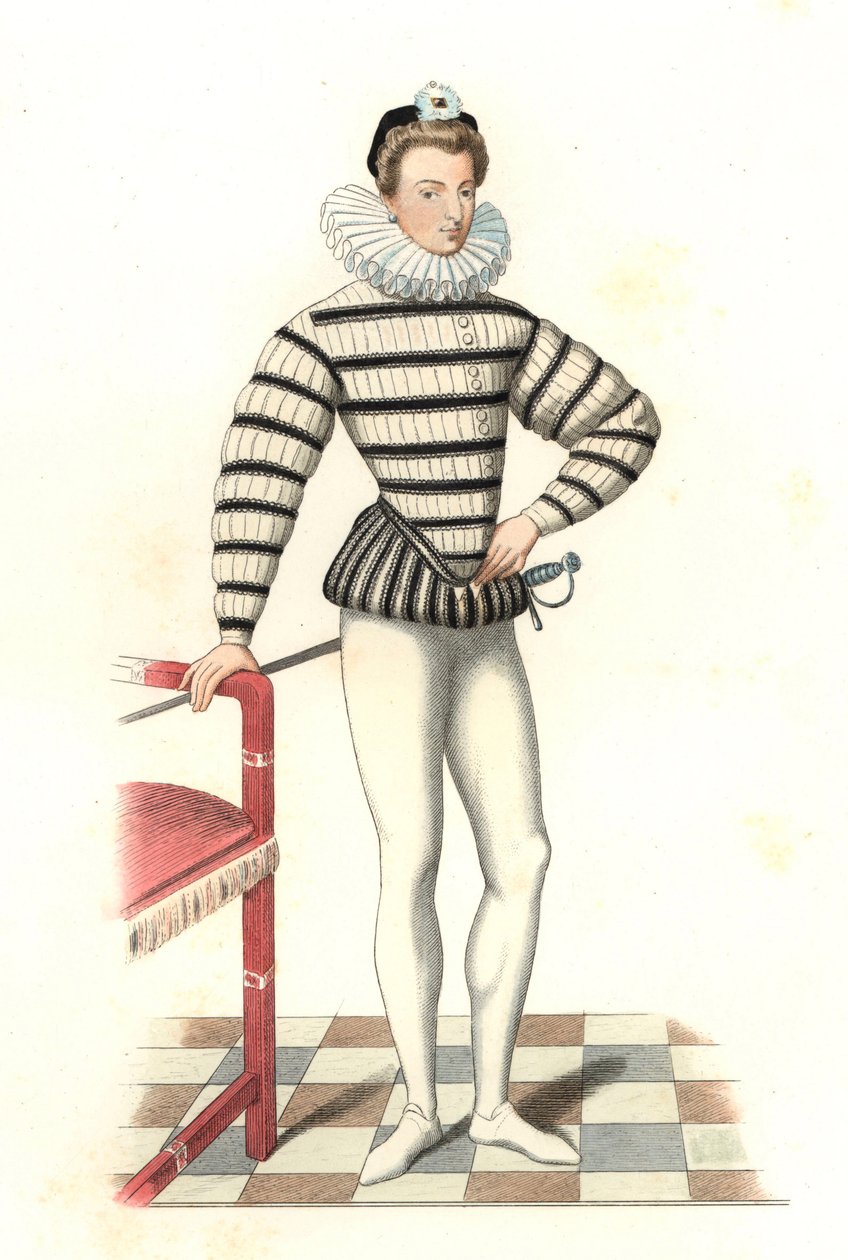 Saint-Megrin, 16. századi francia úriember portréja, Riffaut illusztrációja után - Litográfia Edmond Lechevallier-Chevignard (1825-1902) illusztrációjából, a „Costumes historiques des 16th” c. alkotó: Edmond Lechevallier Chevignard