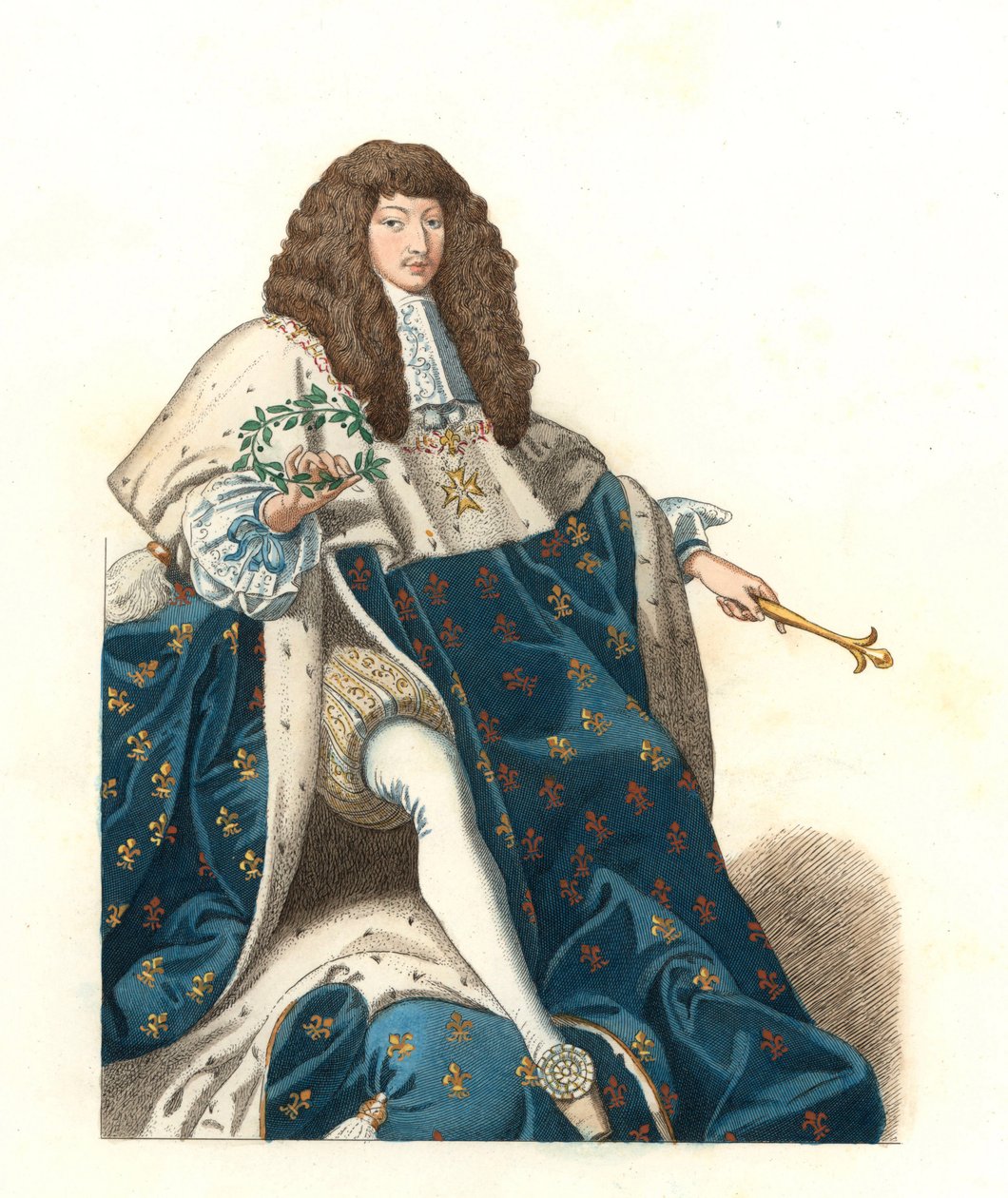 Az ifjú XIV. Lajos francia király (1638-1715), a Musee de Blois (Franciaország) festménye után – Litográfia Edmond Lechevallier-Chevignard (1825-1902) illusztrációja után, a „Costumes historiques des 16th” c. alkotó: Edmond Lechevallier Chevignard