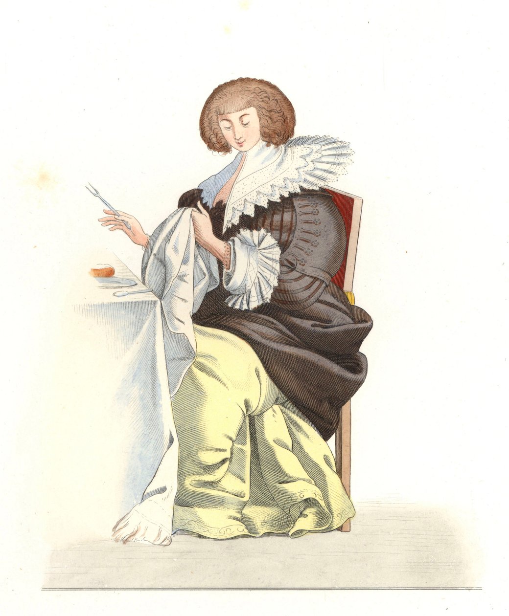 századi francia előkelő nő, Abraham Bosse (1602-1676) metszete nyomán – Litográfia Edmond Lechevallier-Chevignard (1825-1902) illusztrációjából, a „Costumes historiques des 16th” c. alkotó: Edmond Lechevallier Chevignard