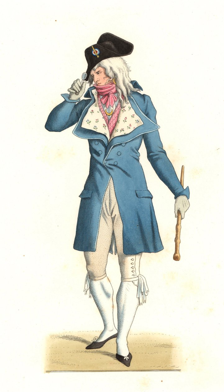 Fiatal francia férfi, aki a 18. századi hihetetlenek divatja szerint született, Carle Vernet (1758-1836) festménye nyomán - Litográfia Edmond Lechevallier-Chevignard (1825-1902) illusztrációjából, a „Costumes historiques des 16e” c. alkotó: Edmond Lechevallier Chevignard