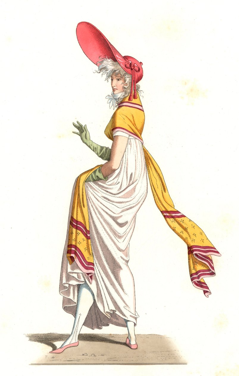 Fiatal francia nő a 18. századi csodák divatja szerint öltözve, Carle Vernet (1758-1836) festménye nyomán – Litográfia Edmond Lechevallier-Chevignard (1825-1902) illusztrációja után, a „Costumes historiques des 16th” c. alkotó: Edmond Lechevallier Chevignard
