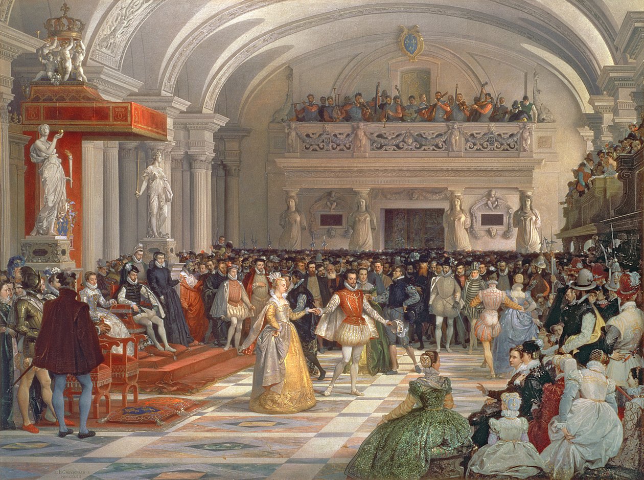 Henri de Bourbon, Navarra királyának esküvője Marguerite de Valois-val Medici Katalin és IX. Károly jelenlétében 1572-ben, 1862-ben alkotó: Edmond Lechevallier Chevignard