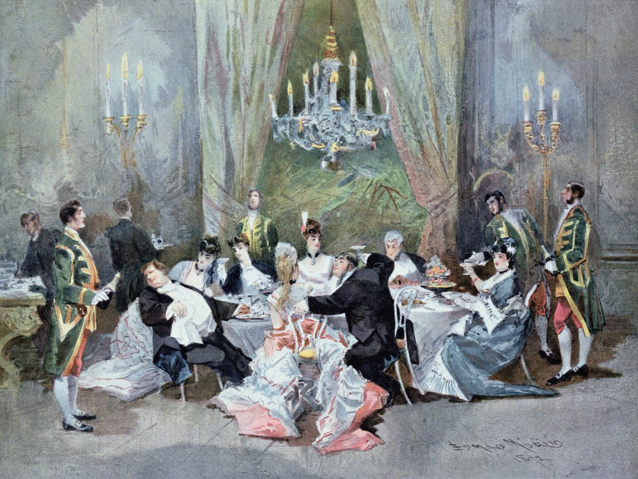 II. felvonás, 10. jelenet Henri Meilhac (1830-97) és Ludovic Halevy (1834-1908) "Le Reveillon" című művéből, előadva a Palais-Royalban, 1872-ben alkotó: Edmond Morin
