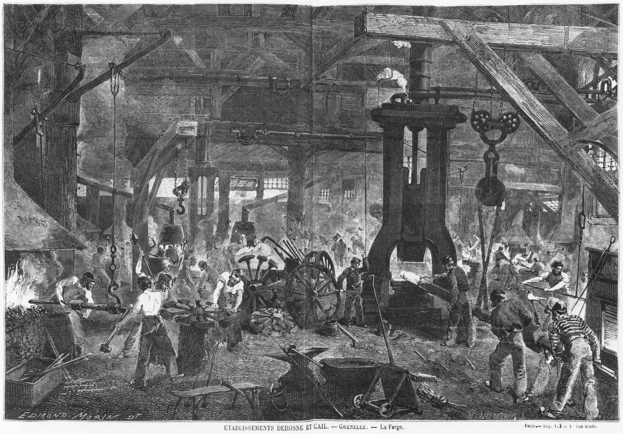 A Derosne and Cail Company kovácsműve, Grenelle, Julien Turgan "Les Grandes Usines" című művéből készült illusztráció, Henry Duff Linton (1815-99) metszet 1880 körül (metszet) (bw fotó) alkotó: Edmond Morin