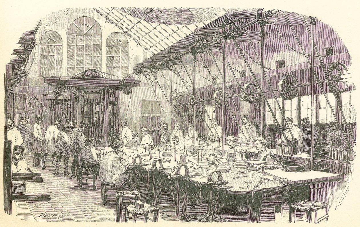 Ezüstkovácsok dolgoznak a párizsi Christophle evőeszközgyárban, pub. 1875. alkotó: Edmond Morin