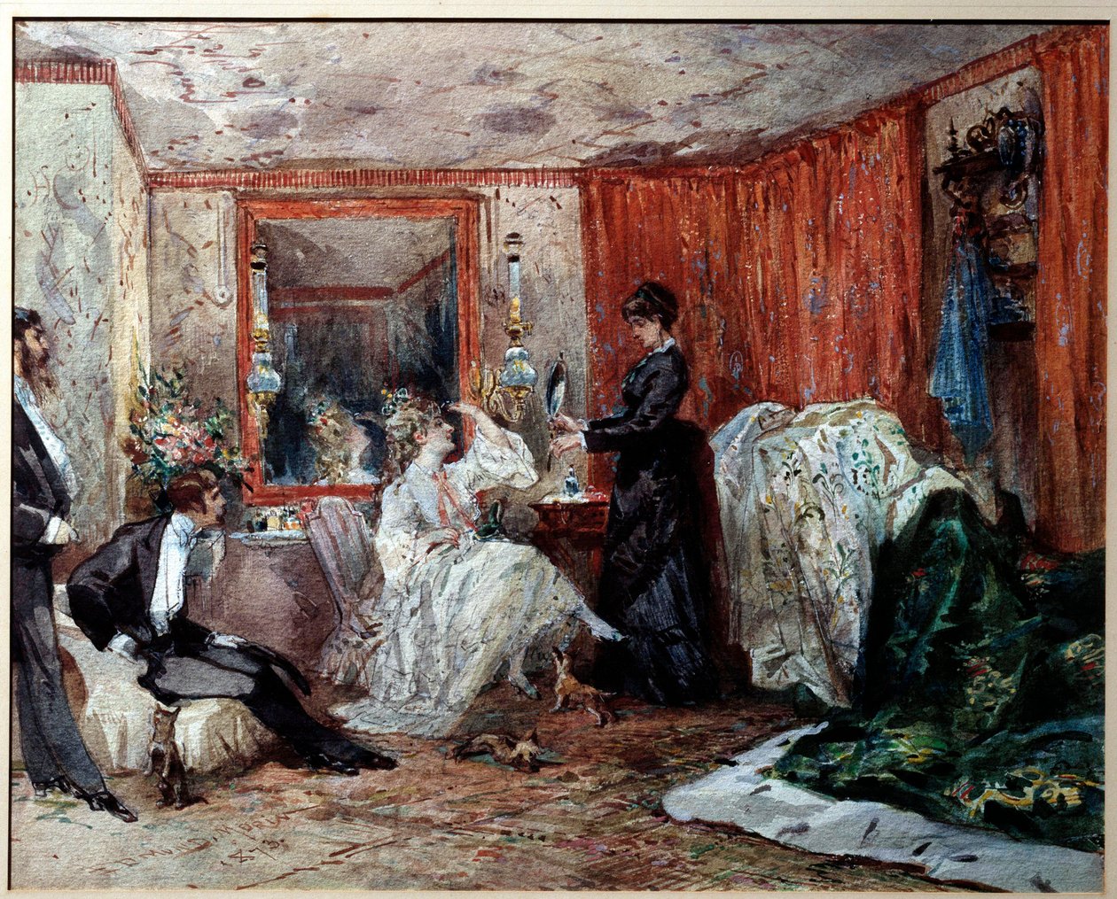 A színházi komikus, Hortense Schneider (1833-1920), Jacques Offenbach (1819-1890) szeretője a bal oldalon képviselteti magát a Theater des varetes öltözőjében. Edmond Morin (1824-1882) akvarellje 1873 Compiegne, Vármúzeum alkotó: Edmond Morin
