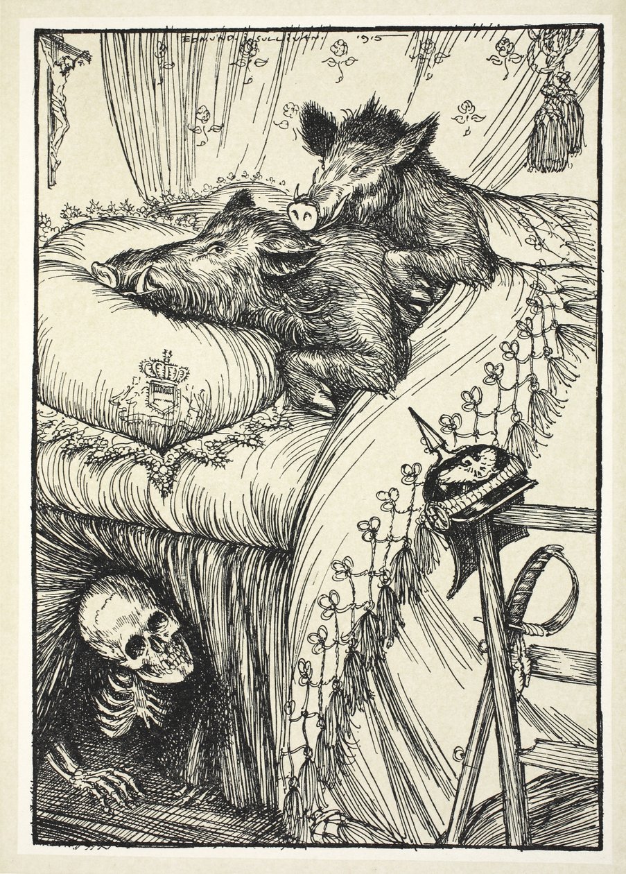 A belga ágy, illusztráció a Kaiser koszorújából, Edmund J. Sullivan, pub. 1916 alkotó: Edmund Joseph Sullivan