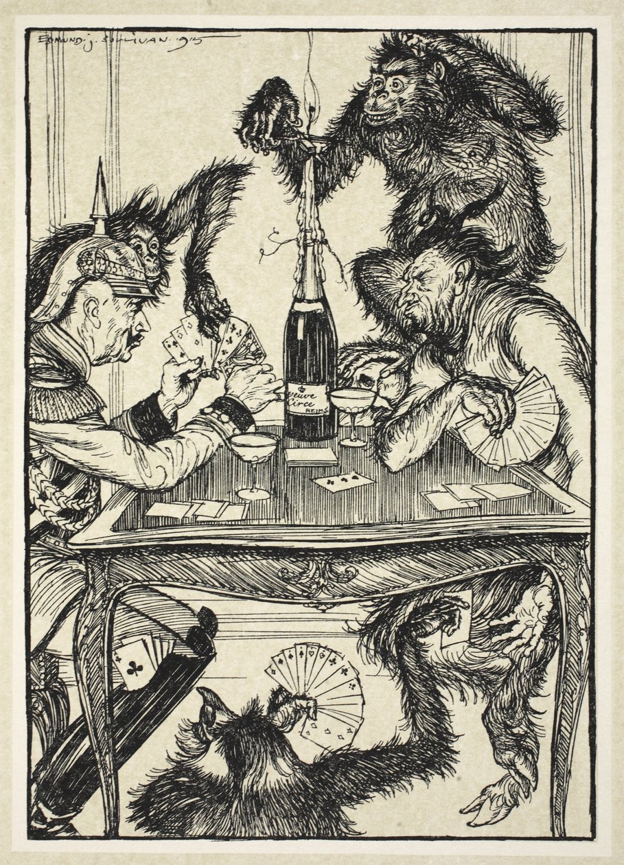 Az ördög saját játéka (kártyák az asztalon és alatta), illusztráció a Kaiser koszorújából, Edmund J. Sullivan, pub. 1916 alkotó: Edmund Joseph Sullivan