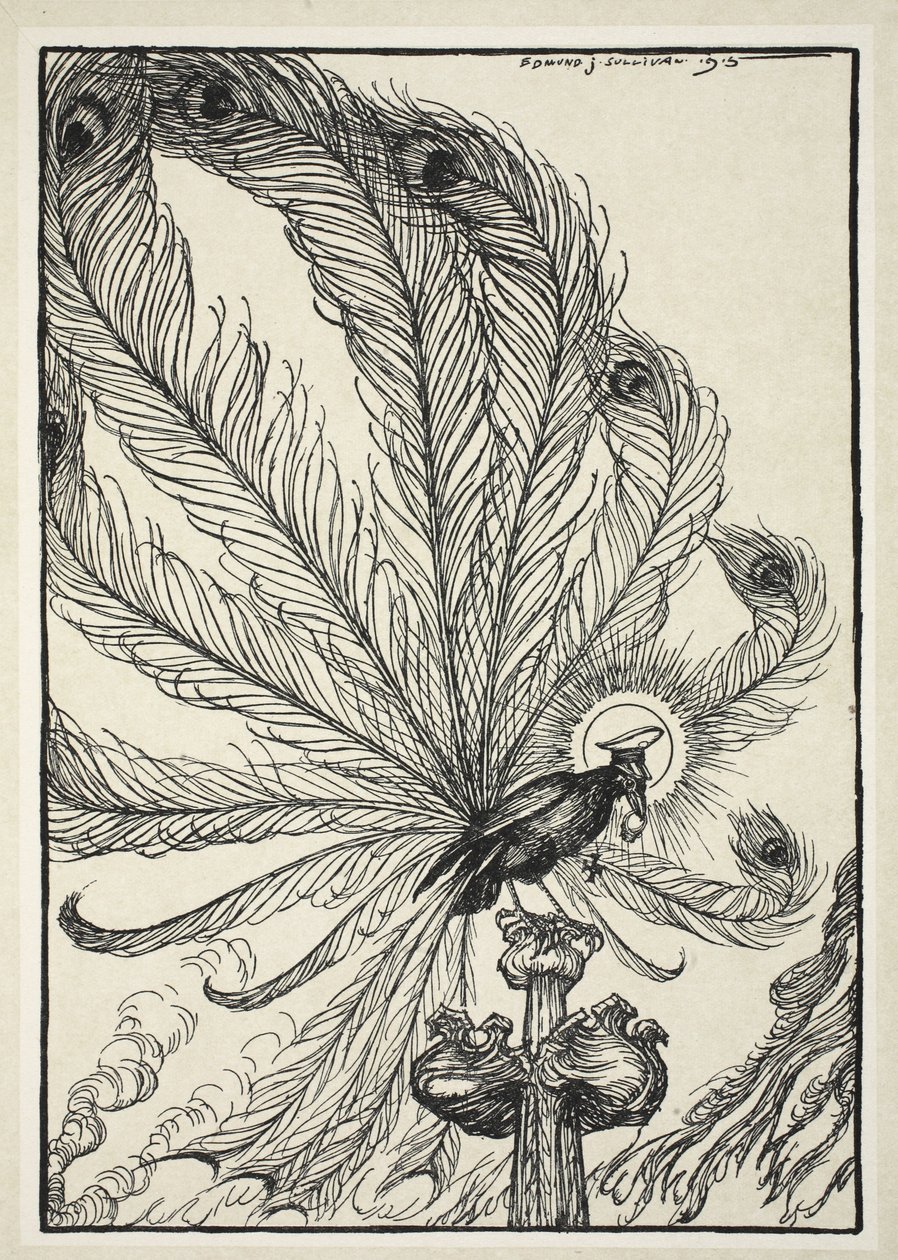 A rheimsi bukó, a bíborosi gyűrű és a kölcsönzött tollak, illusztrációja Edmund J. Sullivan A császár füzérjéből, pub. 1916 alkotó: Edmund Joseph Sullivan