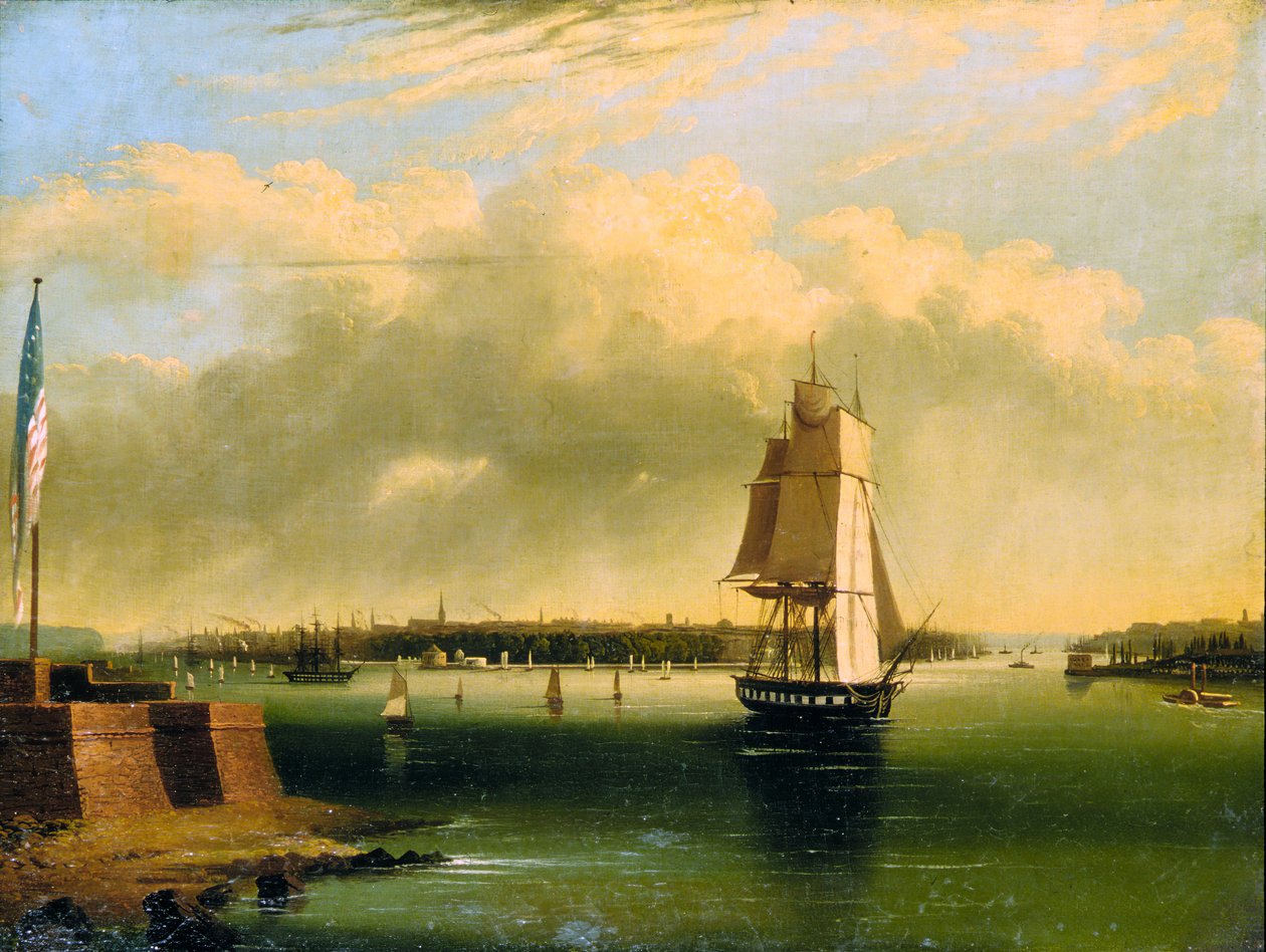 New York-i öböl és kikötő a Bedlow-szigetről, 1850-60. alkotó: Edmund Coates