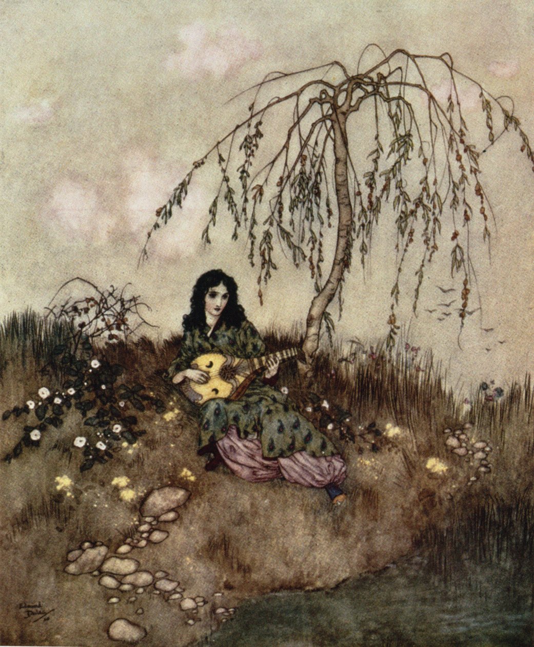 Miután elvégezte a munkáját, énekelt és játszott", a "Hamupipőkéből", 1910 körül. alkotó: Edmund Dulac
