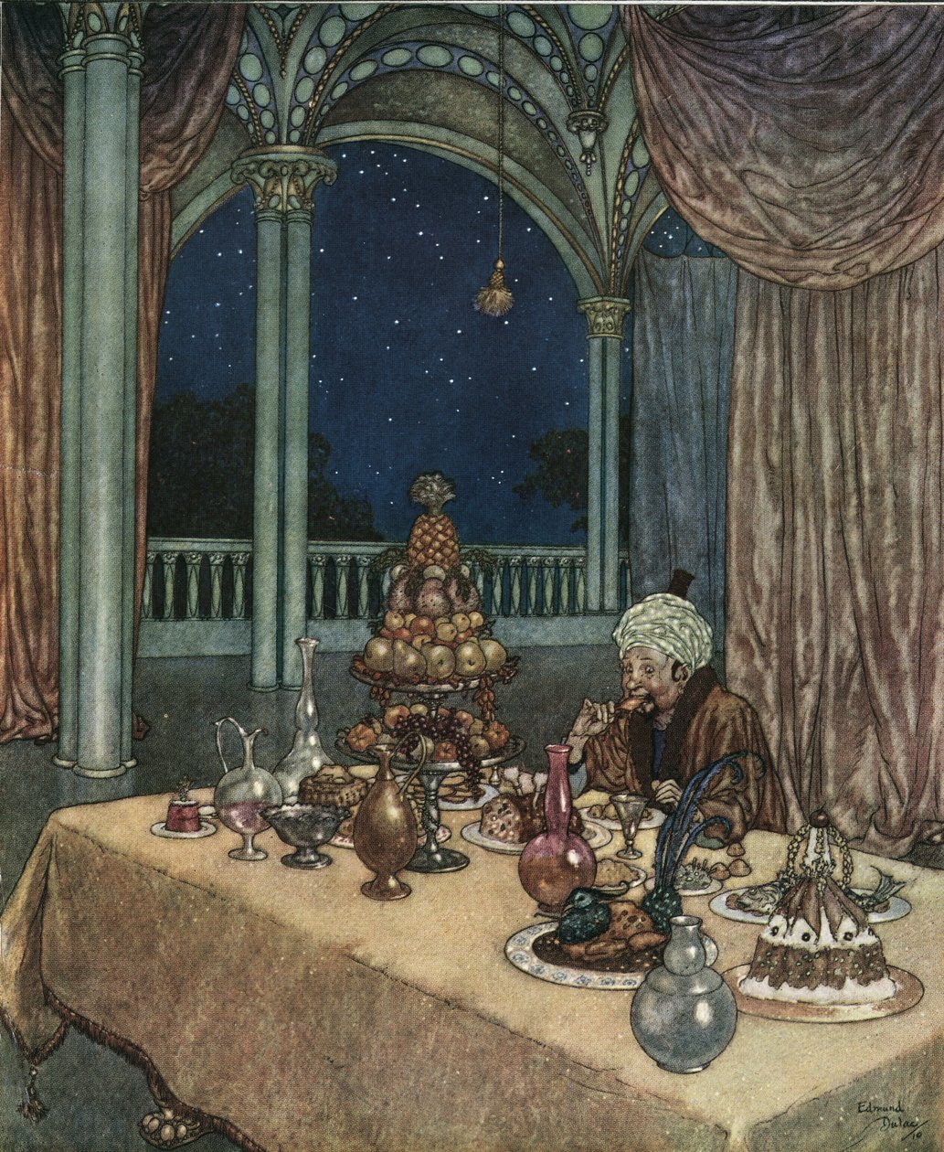 A szépség és a szörnyeteg: 1910 körül (litográfia): Belle apja megérkezik a kastélyba, és felfedez egy étellel teli asztalt, 1910 körül (litográfia). alkotó: Edmund Dulac
