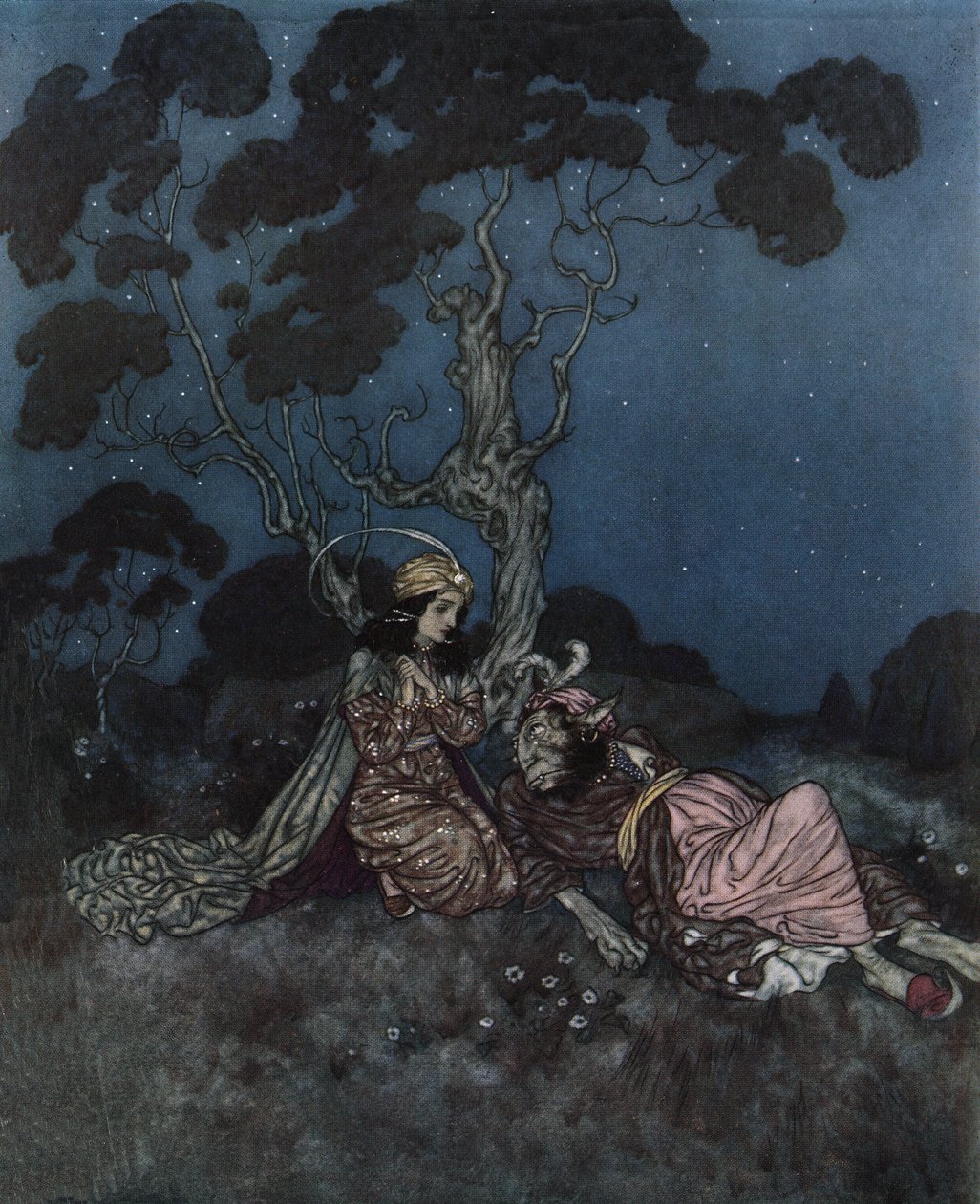 A Szépség és a szörnyeteg: a Szépség megijed a mellette fekvő Szörnyetegtől, 1910 körül (litográfia) alkotó: Edmund Dulac