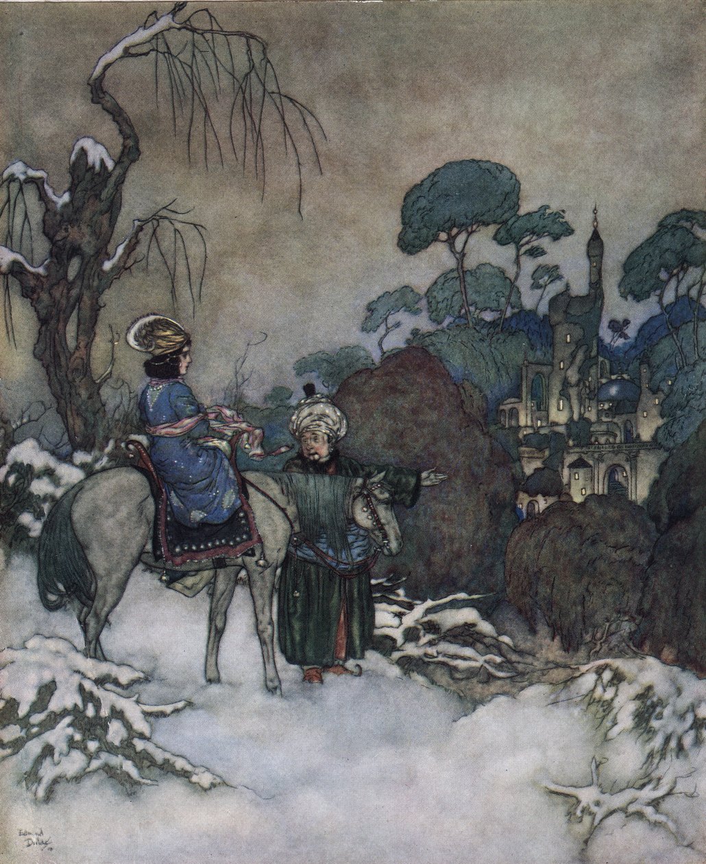 A Szépség és a szörnyeteg: a Belle, miután beleegyezett, hogy apja helyére lép a Bete fogságába, hogy kiszabadítsa őt, a kastély felé tart, 1910 körül (litográfia). alkotó: Edmund Dulac