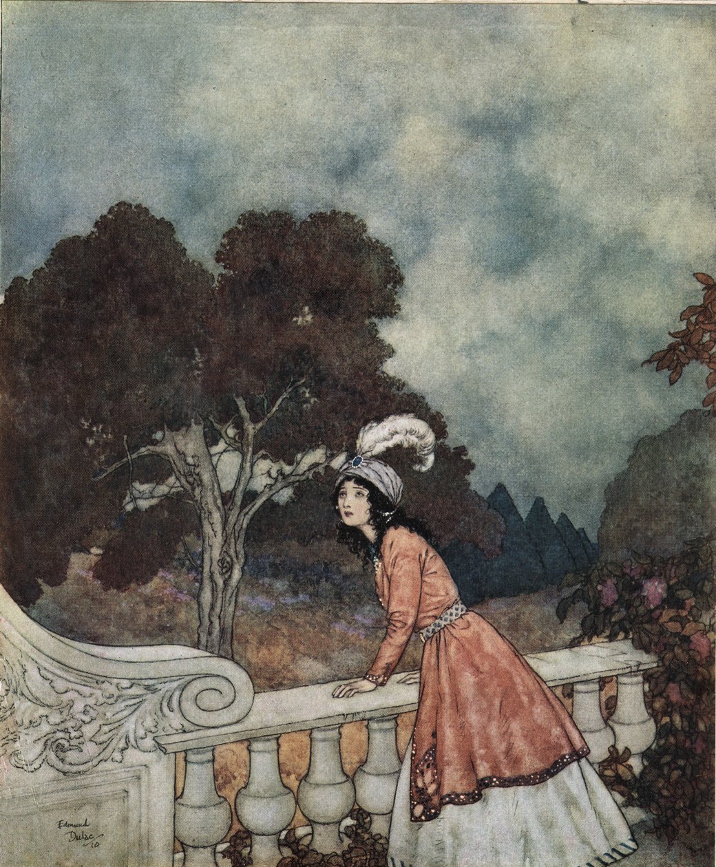 Kék szakáll: 1910 körül (litográfia): Kékszakállú fiatal felesége, Fatima, megkérdezi nővérét, Anne-t, hogy látja-e a toronyból a testvéreit, 1910 körül (litográfia). alkotó: Edmund Dulac