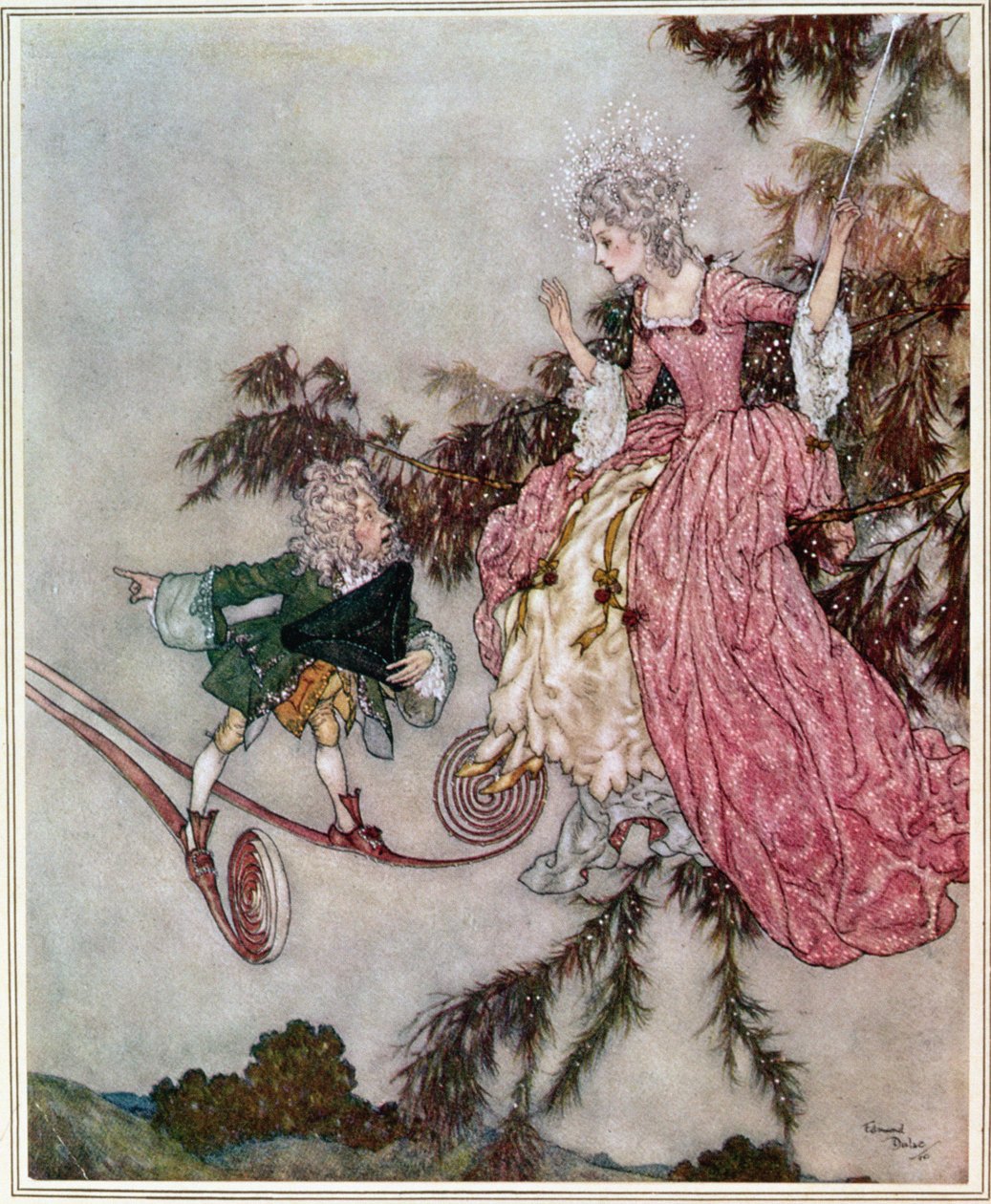 De a hírt egy kis törpe hozta el neki, akinek volt egy pár 7 ligás csizmája", illusztráció "A Csipkerózsika" című könyvből, 1910-es kiadás (színes litográfia). alkotó: Edmund Dulac