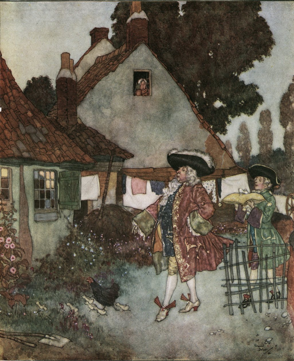 Hamupipőke (Hamupipőke): a miniszter a királyság összes házikójában és házában keresi a lányt, aki elvesztette a papucsát 1910 körül (litográfia). alkotó: Edmund Dulac