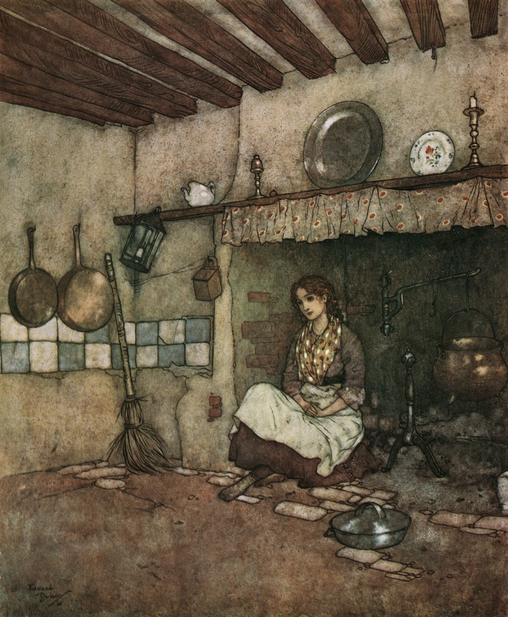 Hamupipőke: a fiatal Hamupipőke ül a hamu között a kéményben, 1910 körül (litográfia) alkotó: Edmund Dulac