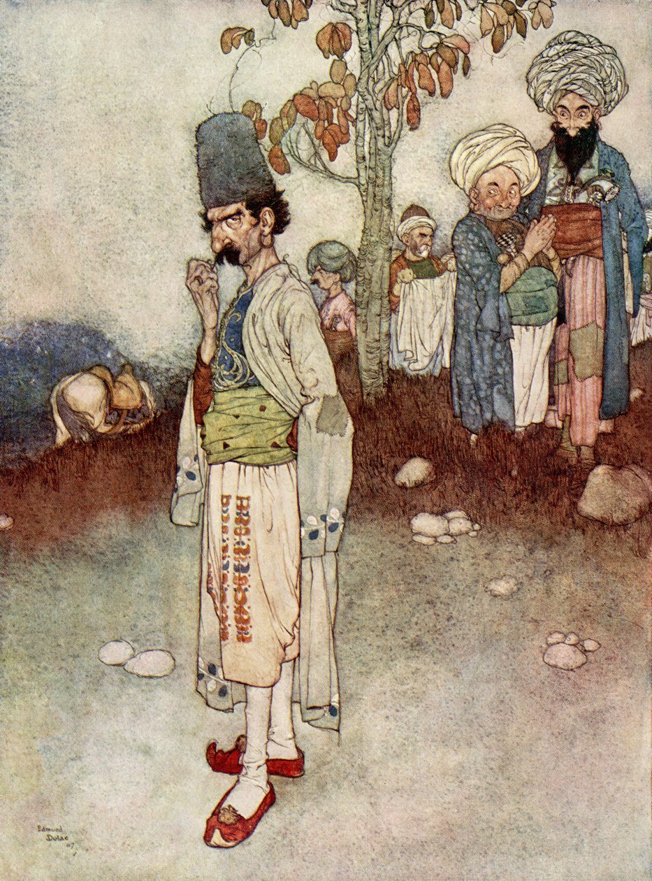 Céljának megfelelő álruhát öltött magára, illusztráció az "Ali Baba és a negyven tolvaj" című könyvből. alkotó: Edmund Dulac