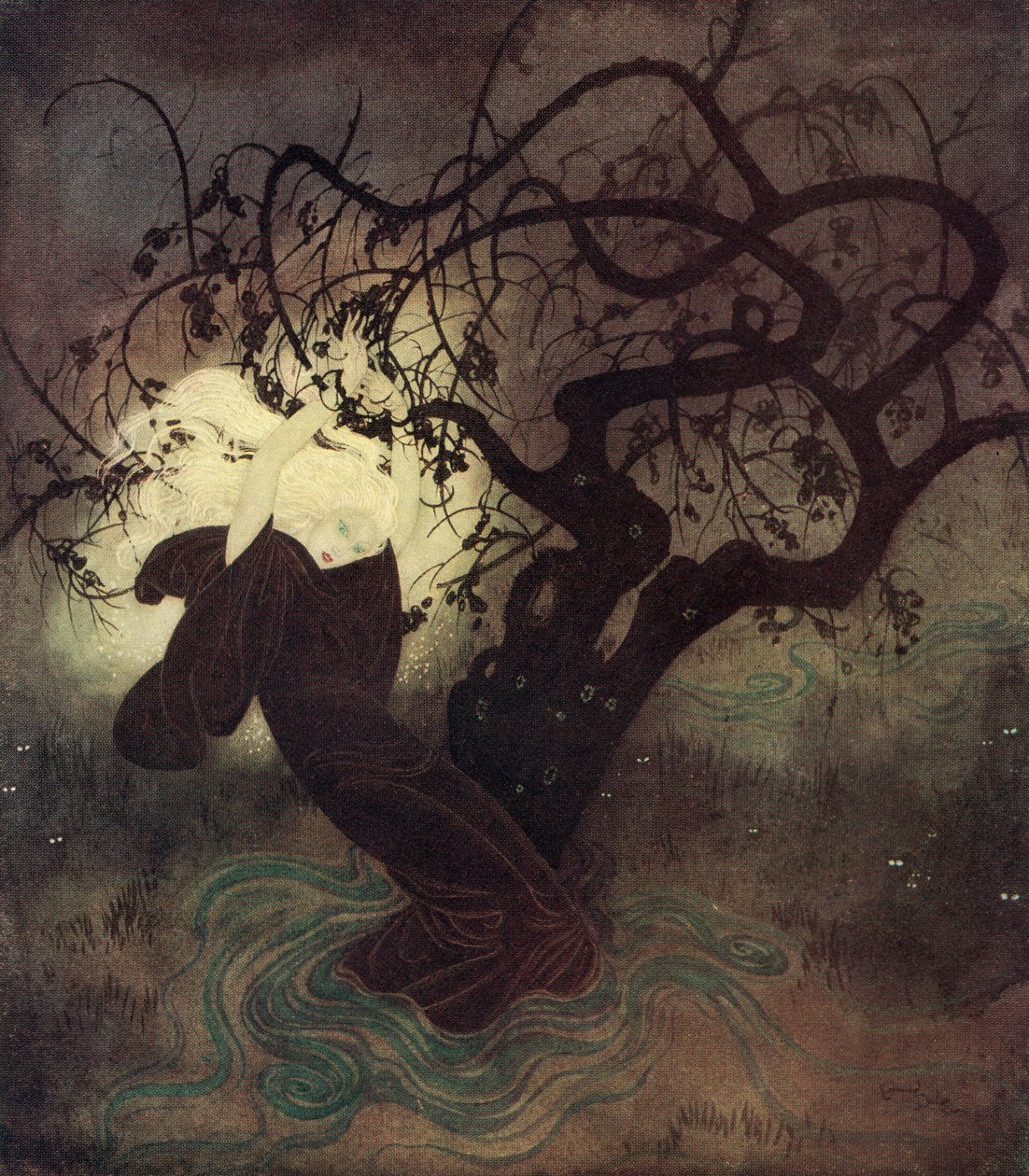 "Kétségbeesett küzdelmében köpenyének csuklyája visszahullott káprázatos aranyhajáról, és azonnal fény árasztotta el az egész helyet", illusztráció az angol The Buried Moon című meséből, Edmund Dulac Tündérkönyvéből: Fairy Tales of the A alkotó: Edmund Dulac
