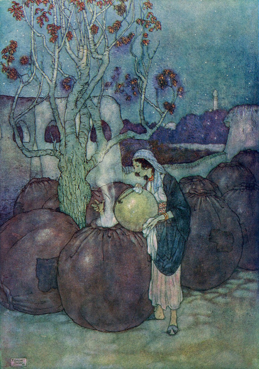 Morgiana sorban mindegyik edénybe elegendő mennyiségű forró olajat öntött, illusztráció az "Ali Baba és a negyven tolvaj" című könyvből. alkotó: Edmund Dulac