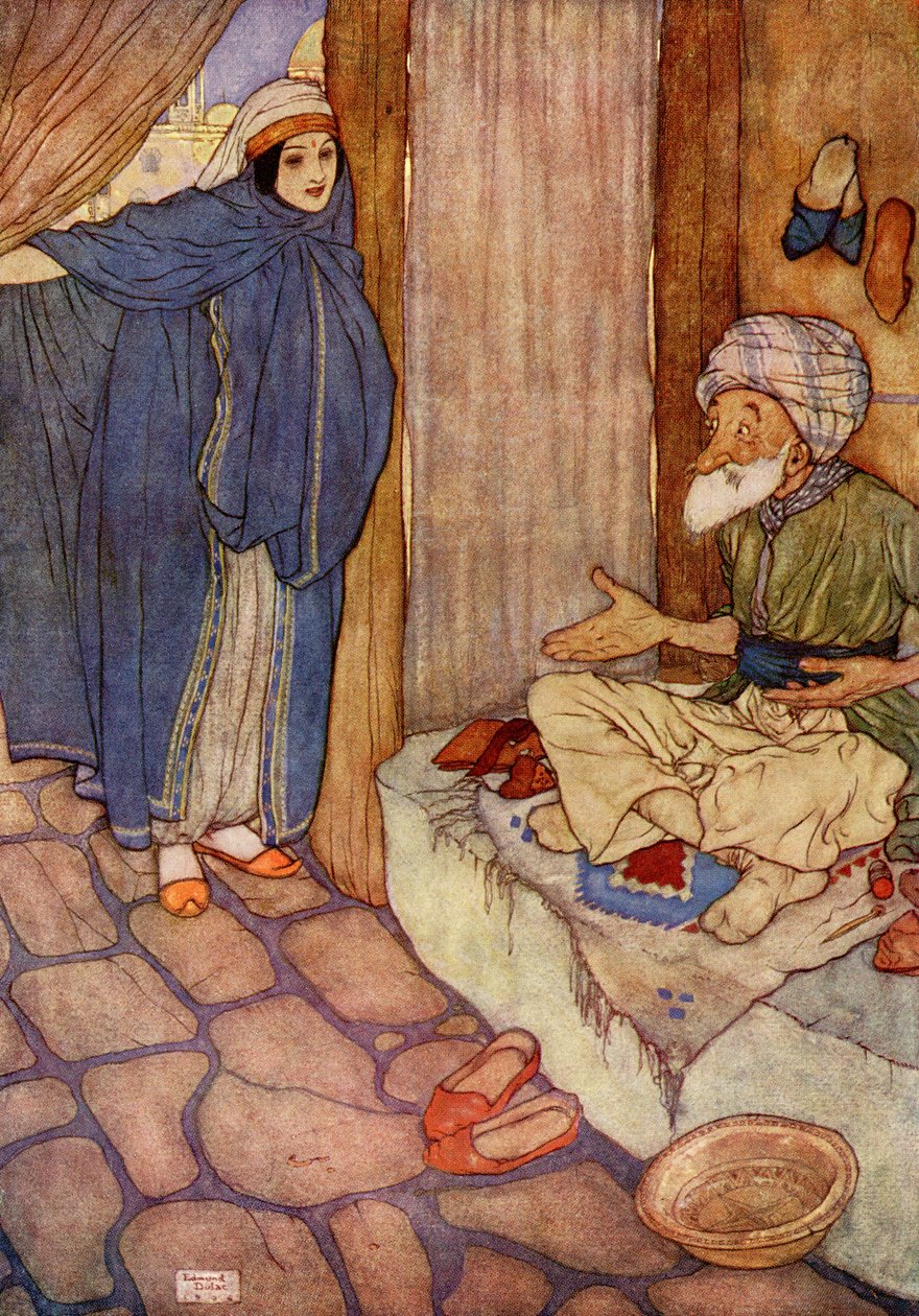 Musztafa sokat kételkedett abban, hogy képes tartózkodni a kérdésektől, illusztráció az "Ali Baba és a negyven tolvaj" című könyvből. alkotó: Edmund Dulac
