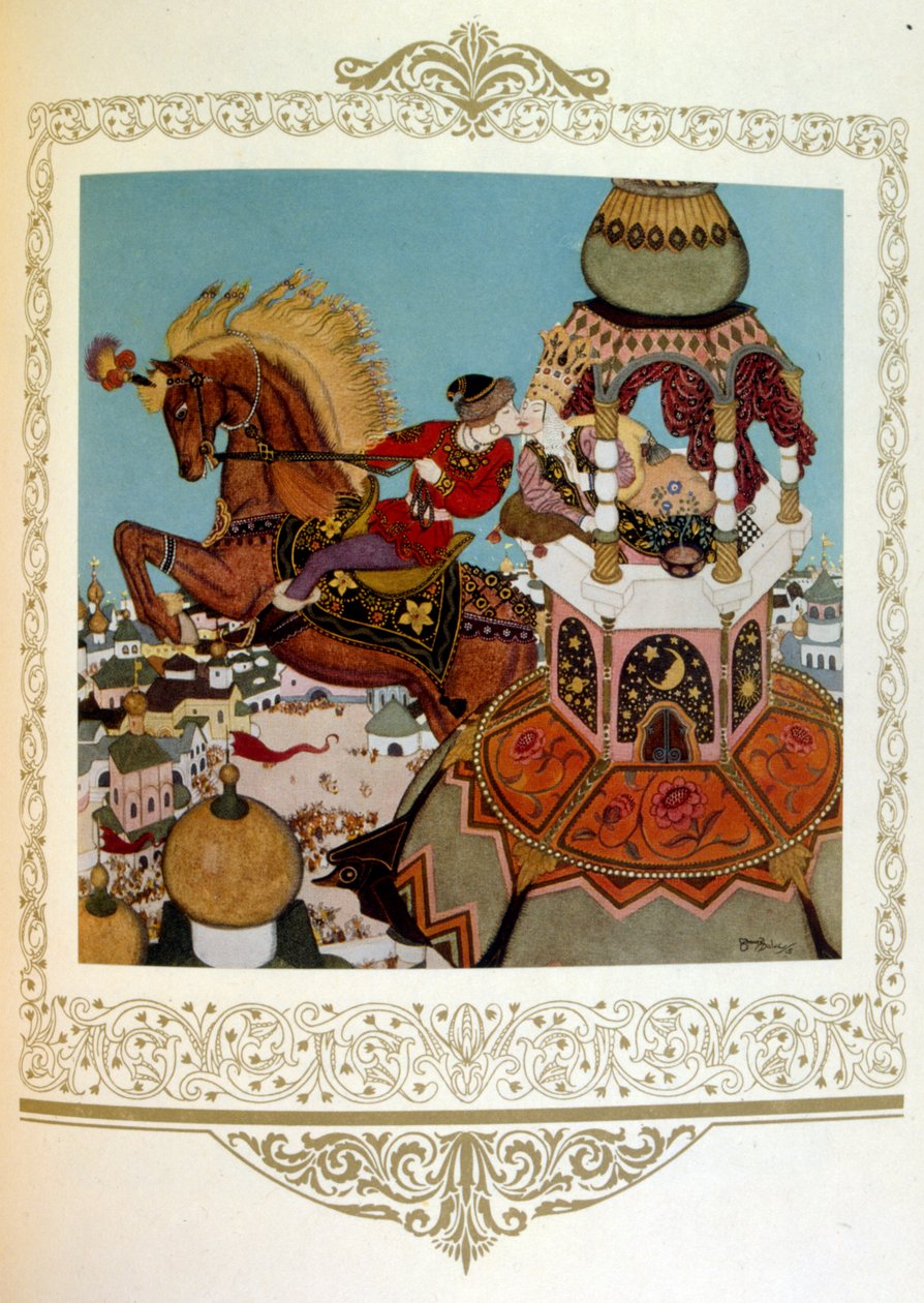 Herceg csókolózik egy gyönyörű hercegnővel egy toronyban. Oroszország", Dulac. alkotó: Edmund Dulac
