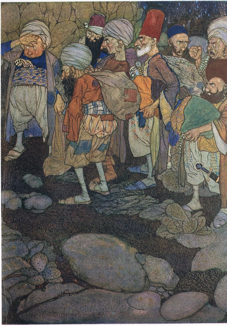 Néhányan a negyven tolvaj közül, illusztráció az "Ali Baba és a negyven tolvaj" című könyvből (színes litográfia) alkotó: Edmund Dulac