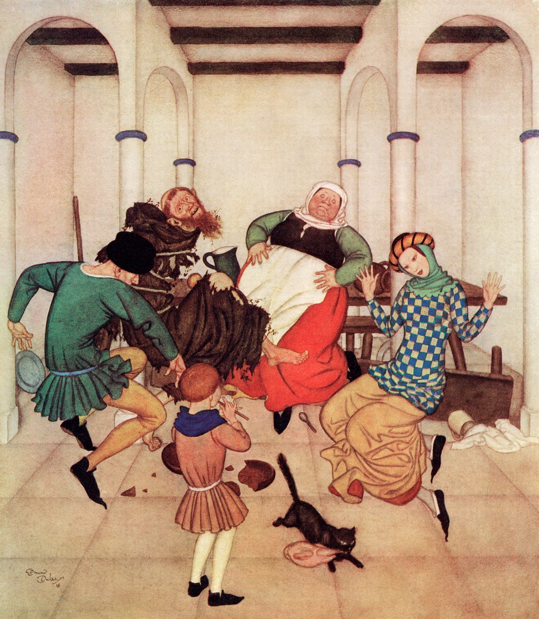 "A szerzetes, aki a cölöphöz volt kötözve, vergődött és vonaglott, világosan megmutatva, hogy ha tudna, megtenné lábával", illusztráció a The Friar and the Boy című angol meséből, Edmund Dulac Fairy-Book című művéből: Fairy Tales of the Allied Nations, kia alkotó: Edmund Dulac