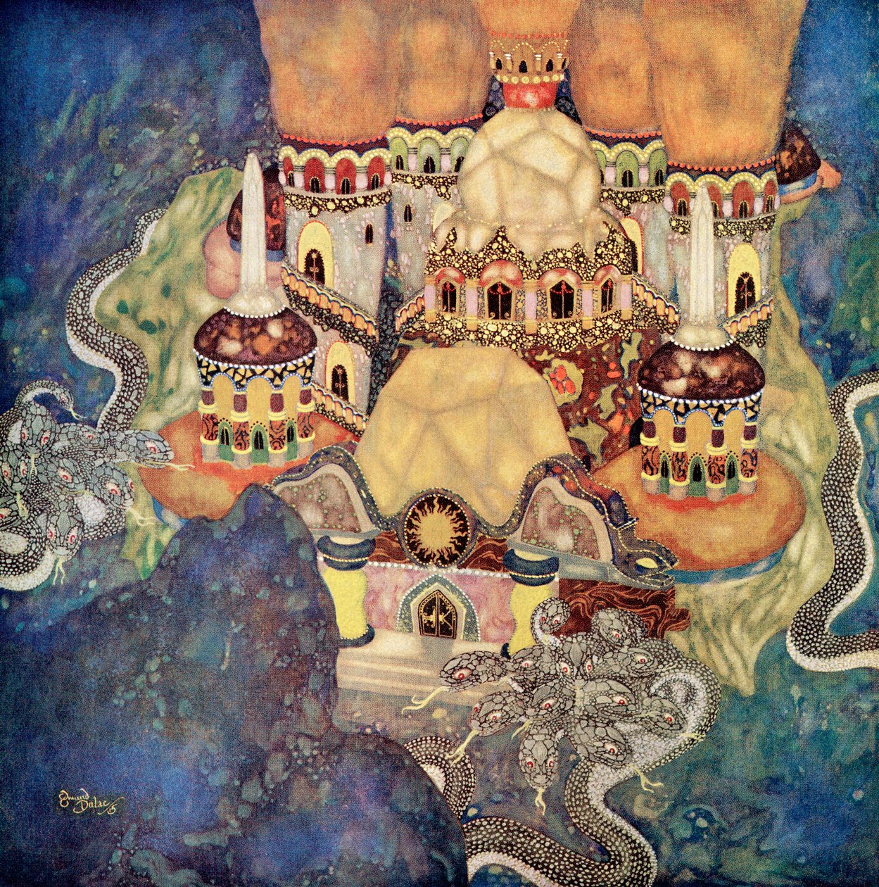"A sárkánykirály palotája", illusztráció a szerb meséből, a Bashtchelik történetéből, Edmund Dulac Tündérkönyvéből: Fairy Tales of the Allied Nations, kiadó: 1916 (akvarell, papír). alkotó: Edmund Dulac