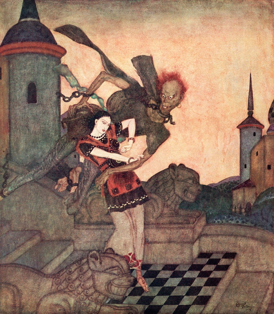 "A herceg kinézett, látta, hogy elragadja a királylányt, és gyorsan elrepül", illusztráció Edmund Dulac Tündérkönyvéből, A Bashtchelik története című szerb meséből: Fairy Tales of the Allied Nations, kiadó: 1916. alkotó: Edmund Dulac