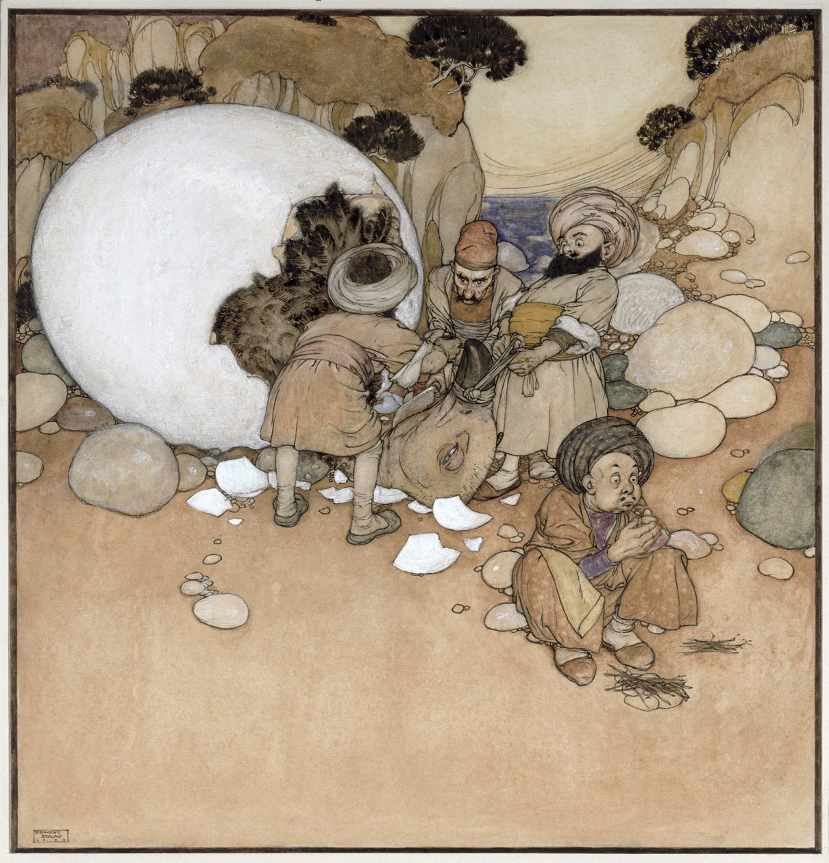 A Rok-tojás, jelenet a "Szindbád, a tengerész" című filmből az "Ezeregyéjszaka" című filmből. alkotó: Edmund Dulac