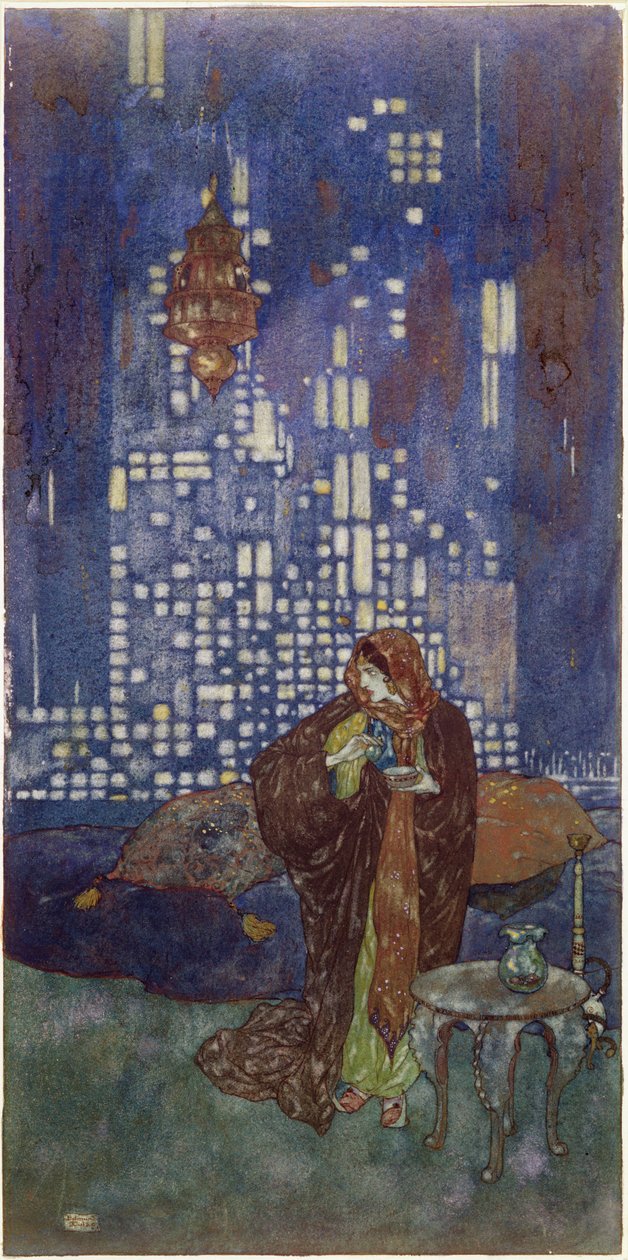 "A pohár bor, amelyet minden este ad neki, alvó csapolást tartalmaz", illusztráció az "Ébenfa-szigetek királyához". alkotó: Edmund Dulac