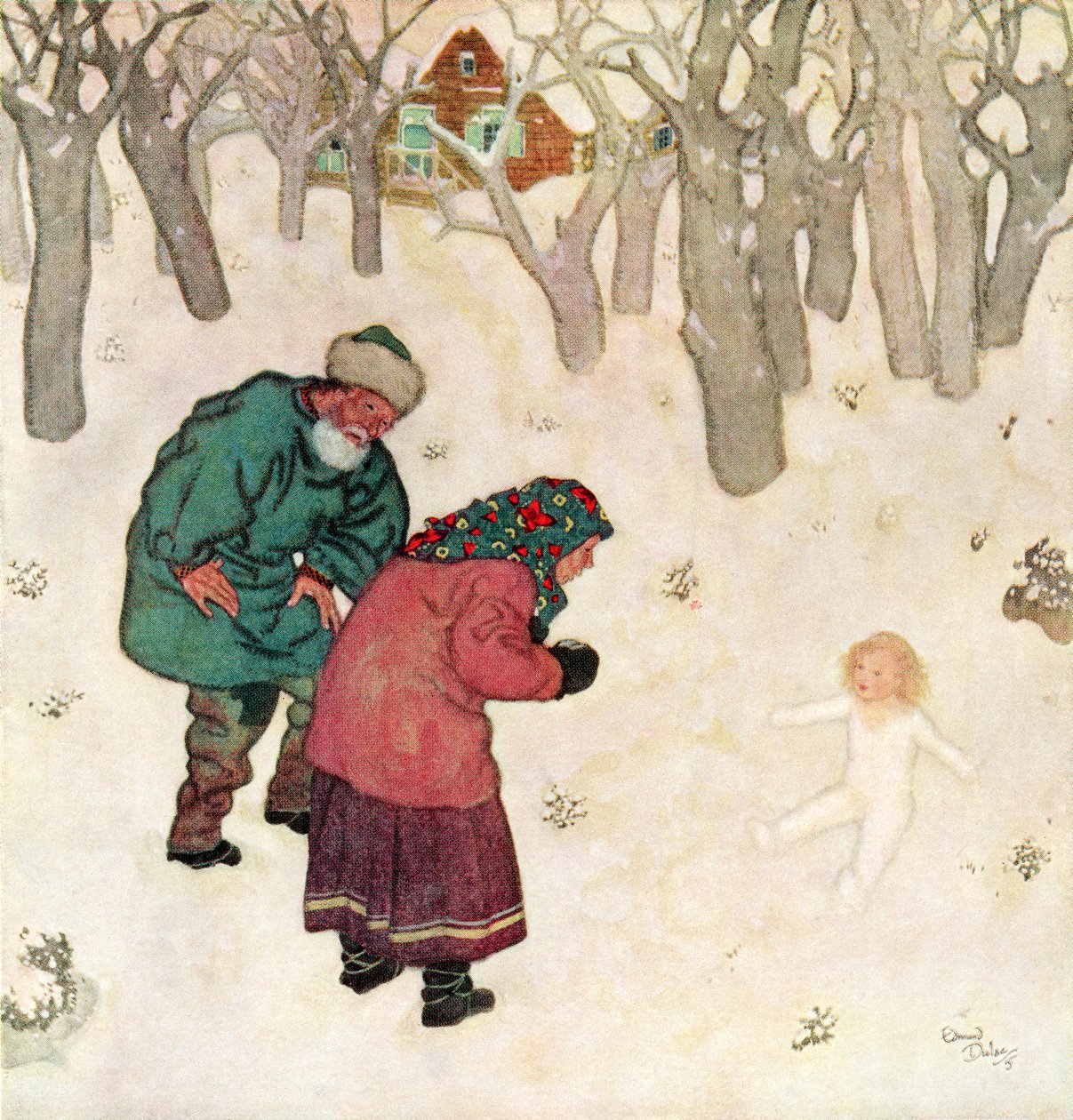 "A legcukibb, legszebb kislány, akit valaha láttak", illusztráció a Snegorotcska című orosz meséből, Edmund Dulac Tündérkönyvéből: Fairy Tales of the Allied Nations, kiadó: 1916. alkotó: Edmund Dulac