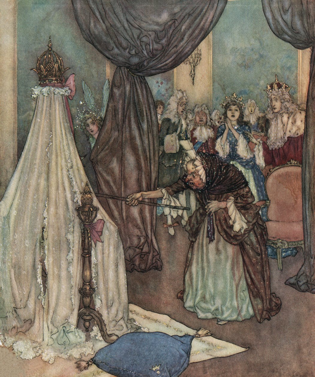 Csipkerózsika: egy vén honorárius a királylány bölcsője fölé hajol és átkozza, 1910 körül (litográfia) alkotó: Edmund Dulac
