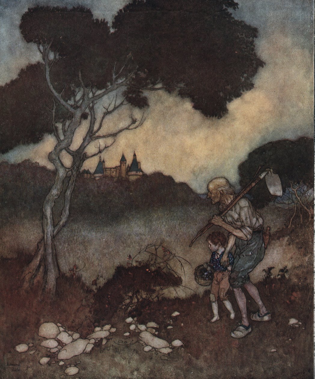 Csipkerózsika: a fák fölött megjelennek a hercegnő kastélyának tornyai. alkotó: Edmund Dulac
