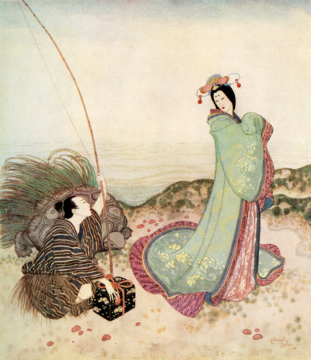 "Urashima annyira el volt bűvölve, hogy egy szót sem tudott szólni", illusztráció az Urashima Taro története című japán meséből, Edmund Dulac Tündérkönyvéből: Fairy Tales of the Allied Nations, kiadó: 1916. alkotó: Edmund Dulac