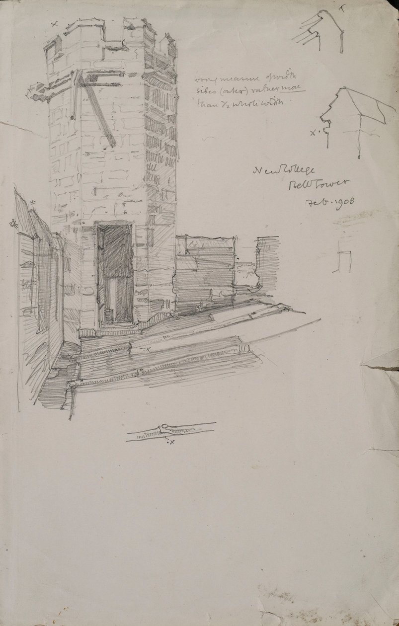A New College harangtornyának vázlata, az ólomtető részletével, 1908 ceruza, papír, ceruza, 1908 alkotó: Edmund Hort New