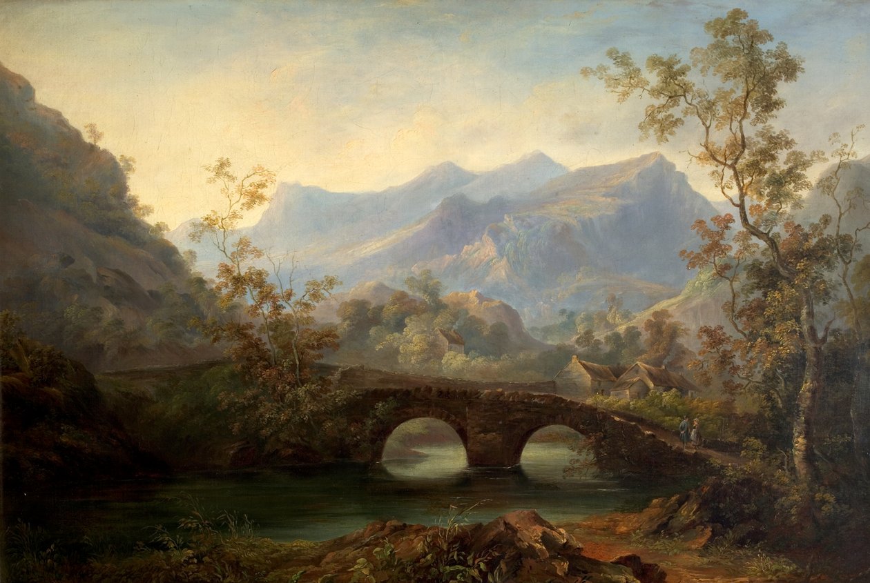 Hegyvidéki táj folyóval, híddal és kunyhókkal, 19. század alkotó: Edmund John Niemann